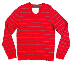 Aeropostale Mens Long Sleeve VNeck Wool Blend Red Gray Stripe Medium Sweater Y2K